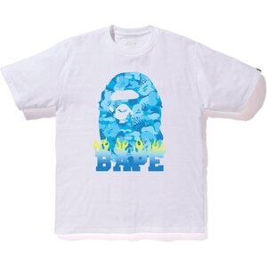Bape Blue Camo Big Ape Head Flame Logo T-shirt - White